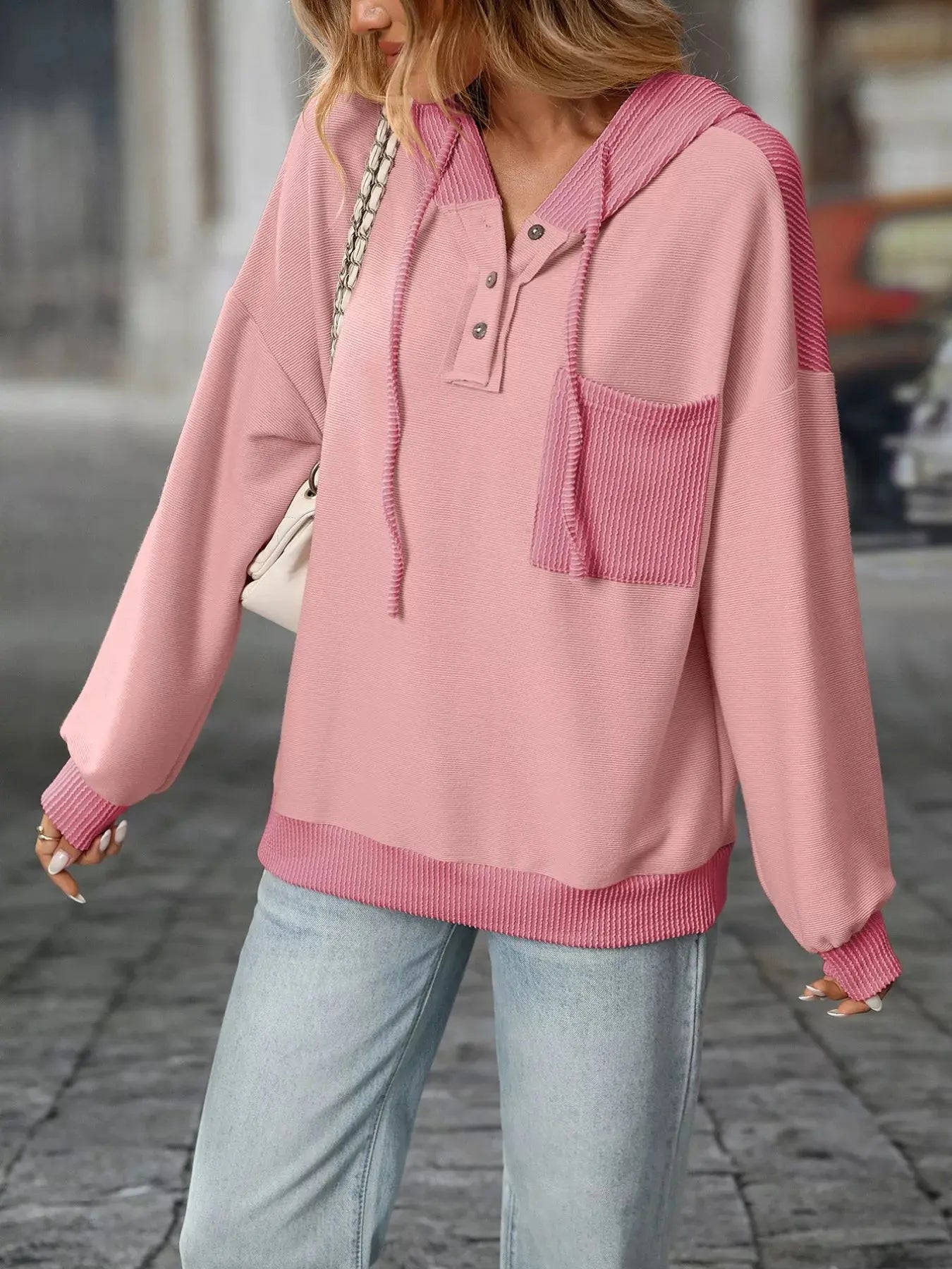 Casual Color Block Button Detail Hoodie Simply Love