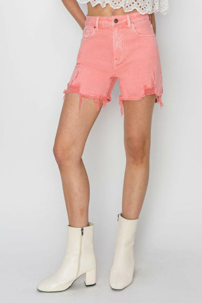 RISEN High Rise Distressed Denim Shorts.