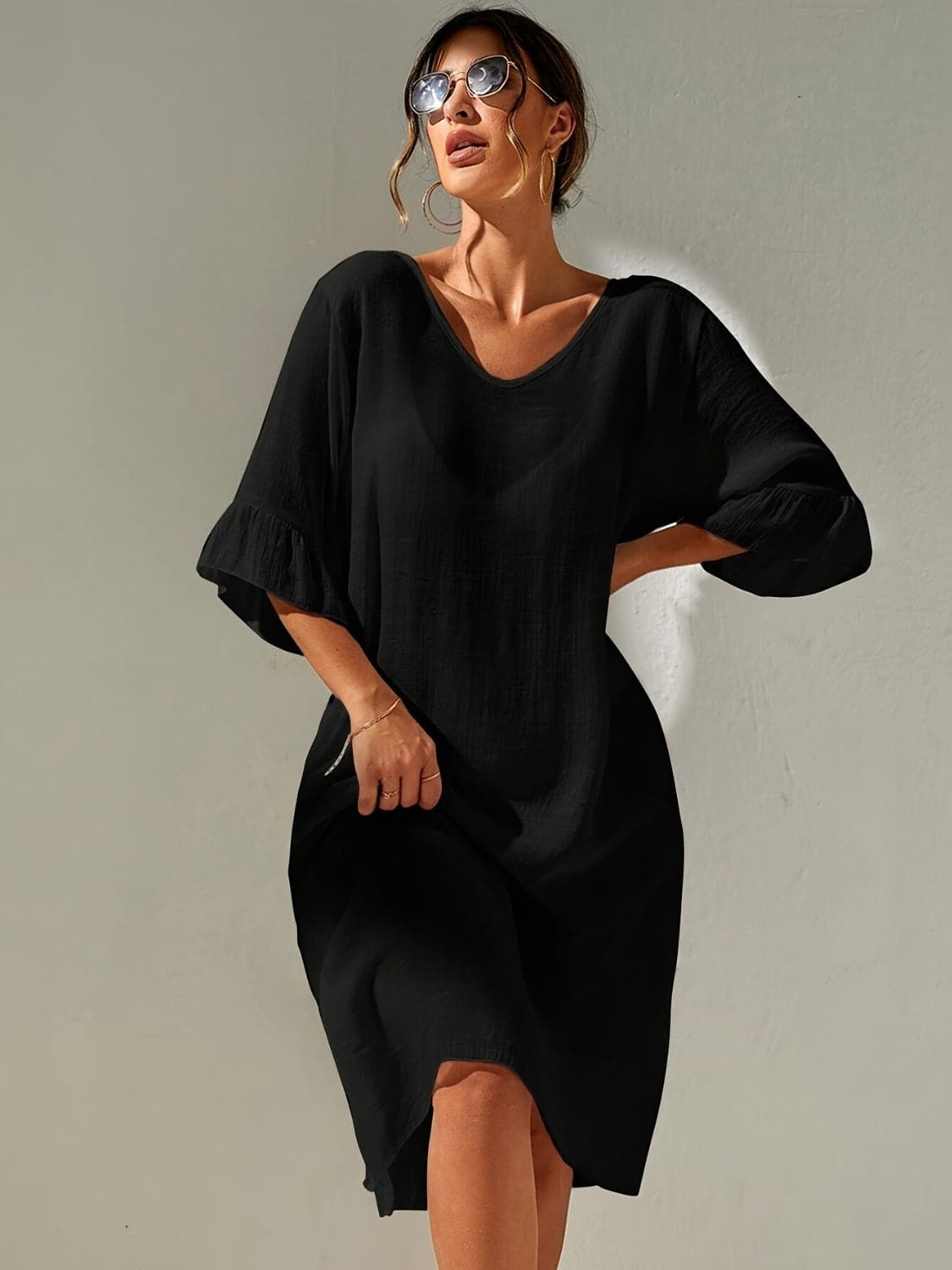 Slit V-Neck Flounce Sleeve Cover-Up.