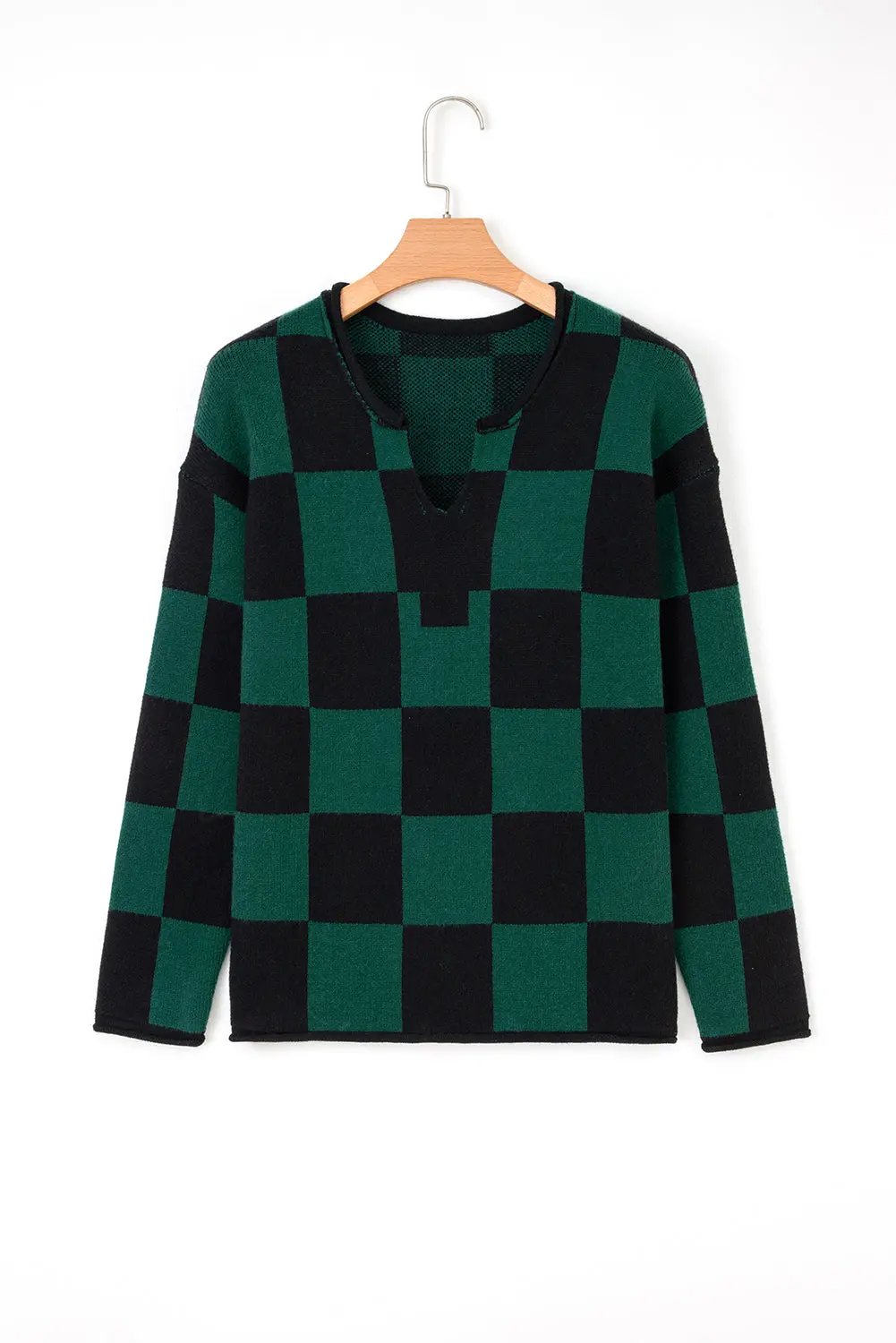 Premium Green Checked Notched Neckline Drop Shoulder Knit Sweater Dear-Lover Dropshipping