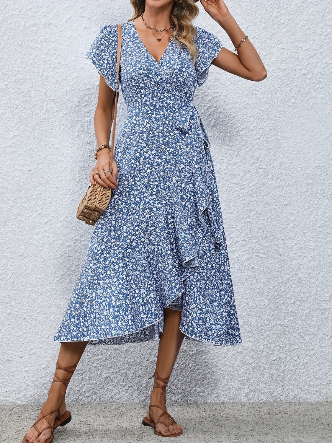 Printed Surplice Flutter Sleeve Midi Dress.