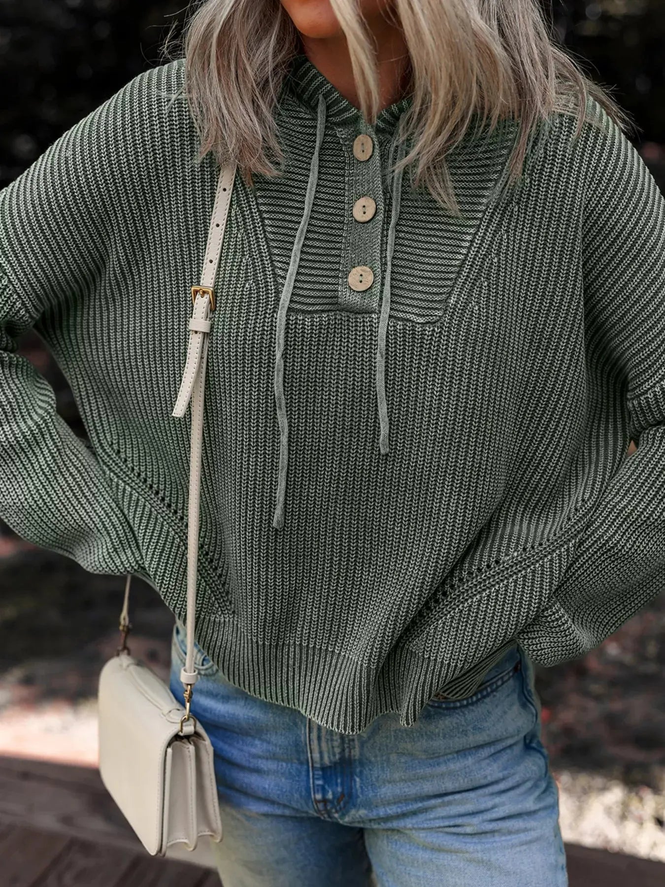 Mineral Wash Ribbed Knit Button Drawstring Neck Hooded Sweater Simply Love