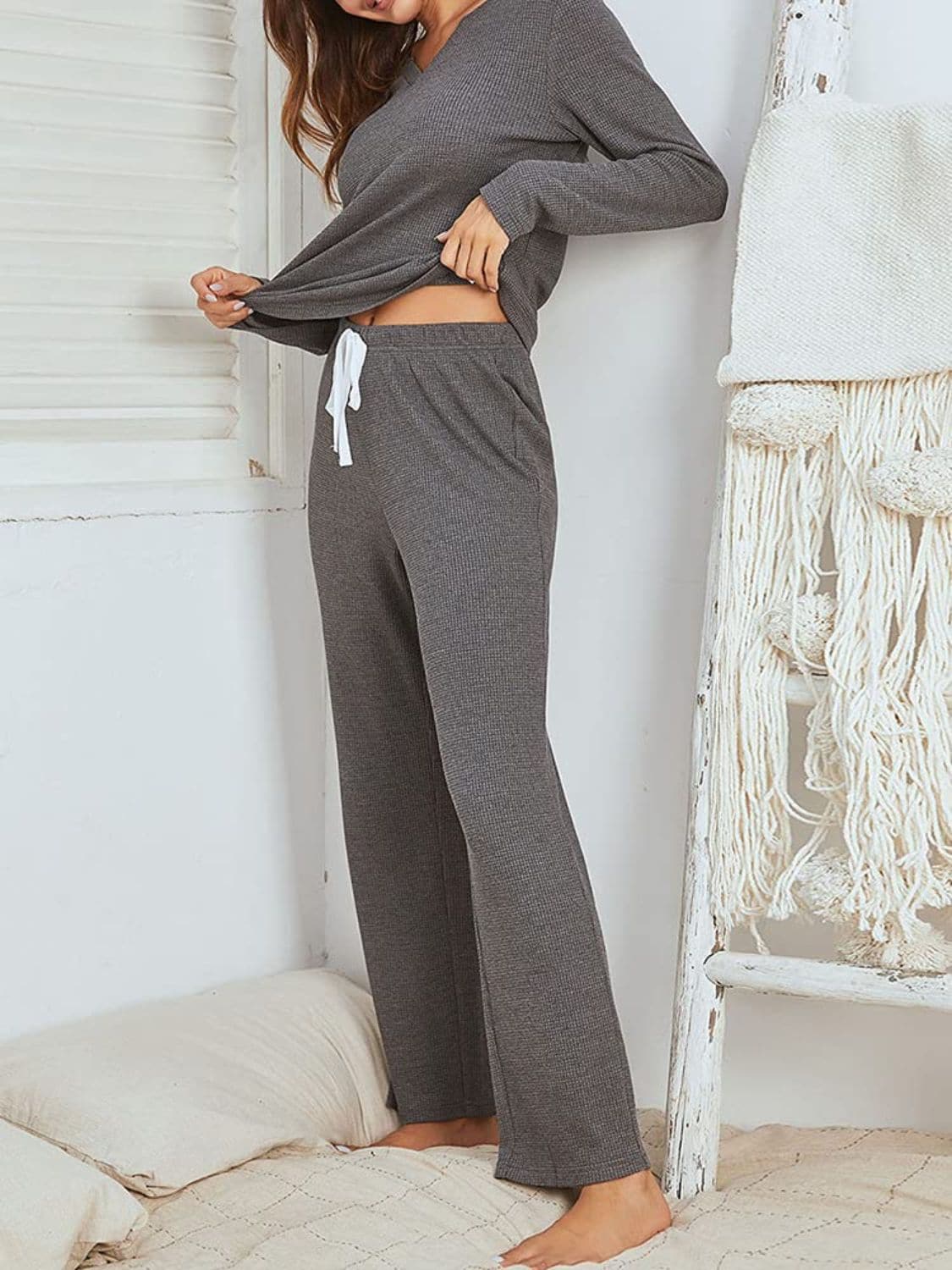 Chic Notched Long Sleeve Top and Pants Combo