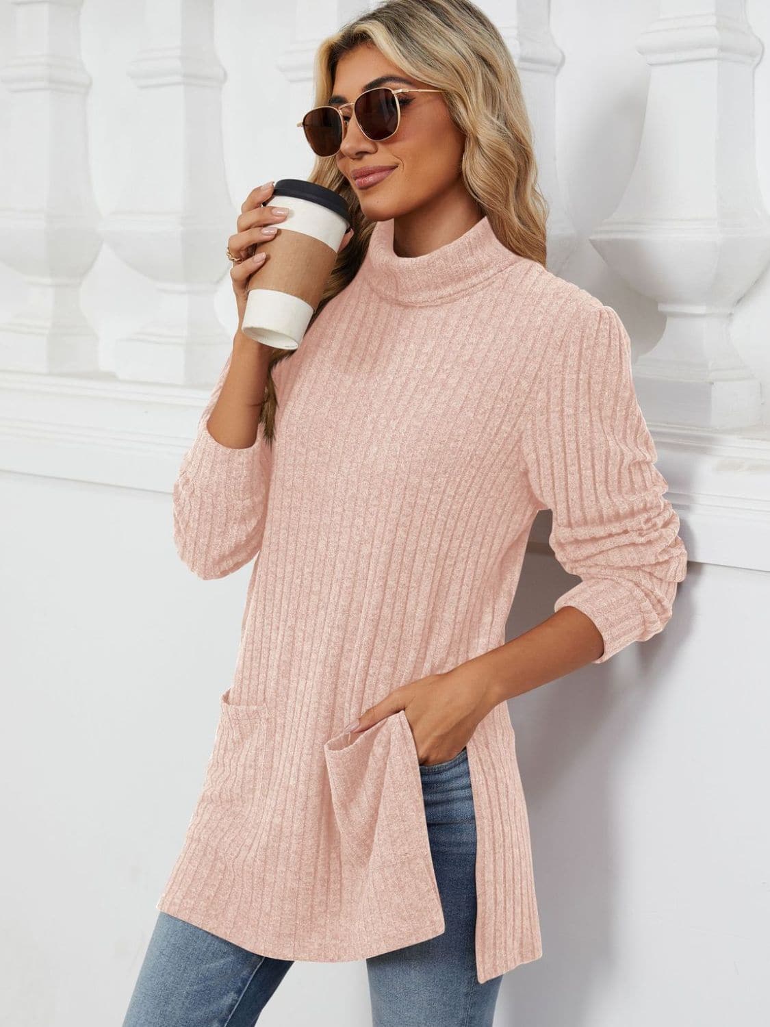 Slit Mock Neck Long Sleeve T-Shirt.