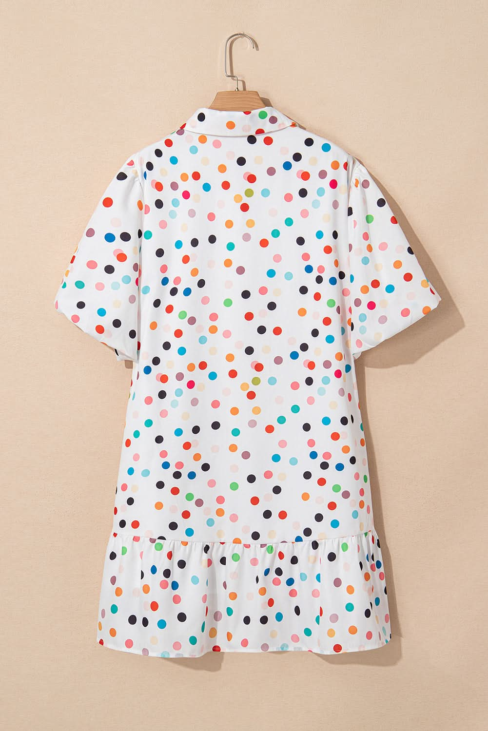 White Polka Dot Bubble Sleeve Plus Size Shirt Dress with Button Front Closure