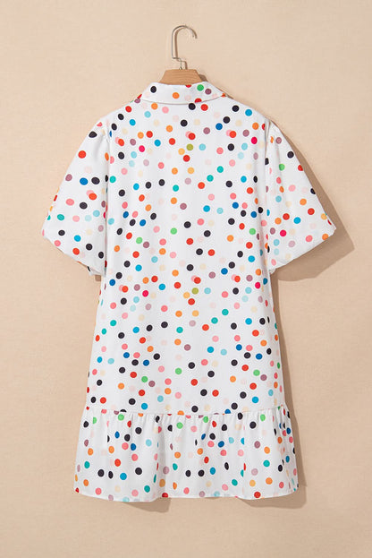 White Polka Dot Bubble Sleeve Plus Size Shirt Dress with Button Front Closure