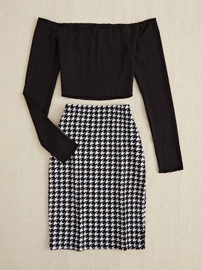 Chic Off-Shoulder Two-Piece Set with Houndstooth Skirt