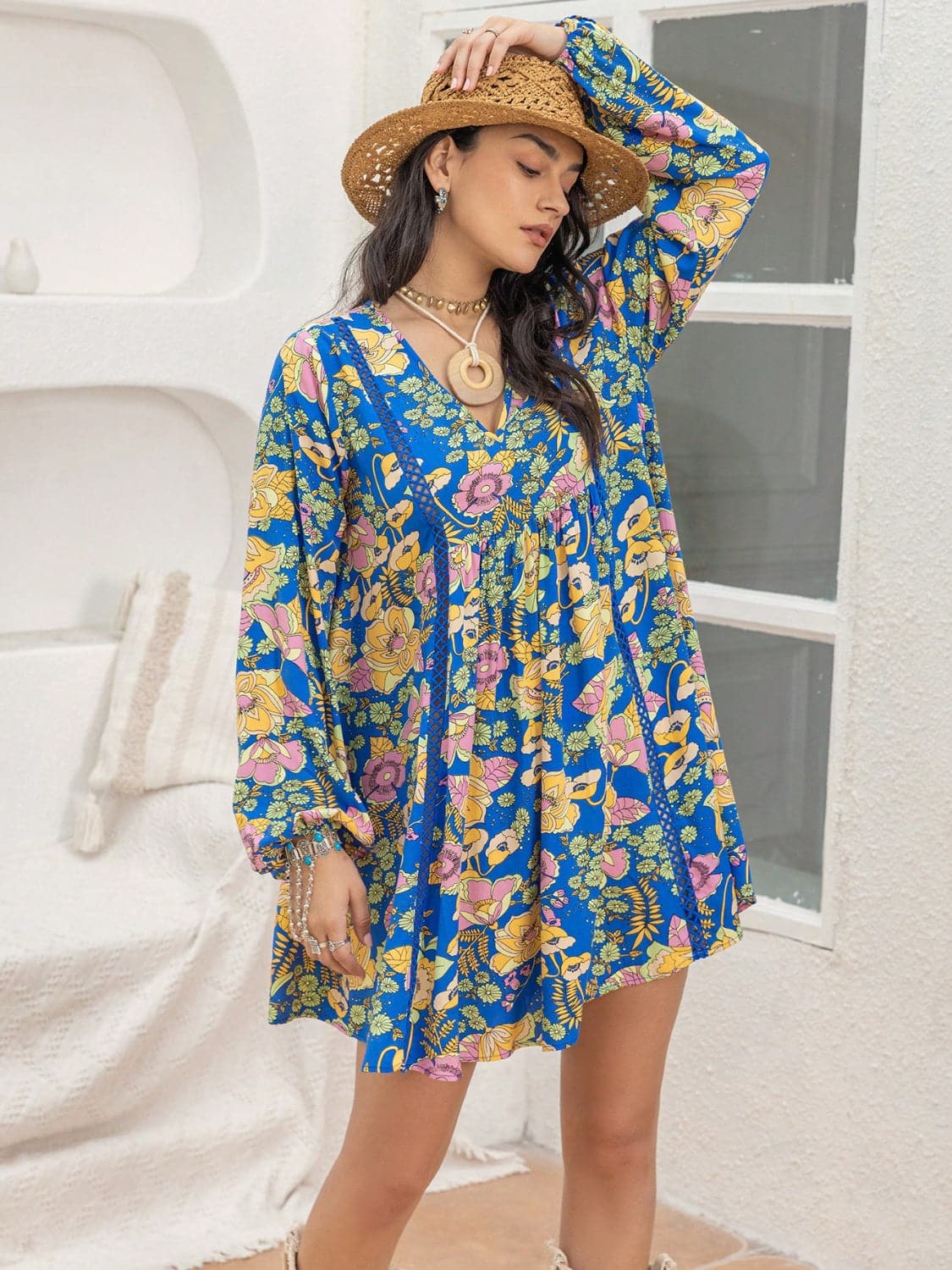 Printed V-Neck Balloon Sleeve Mini Dress.