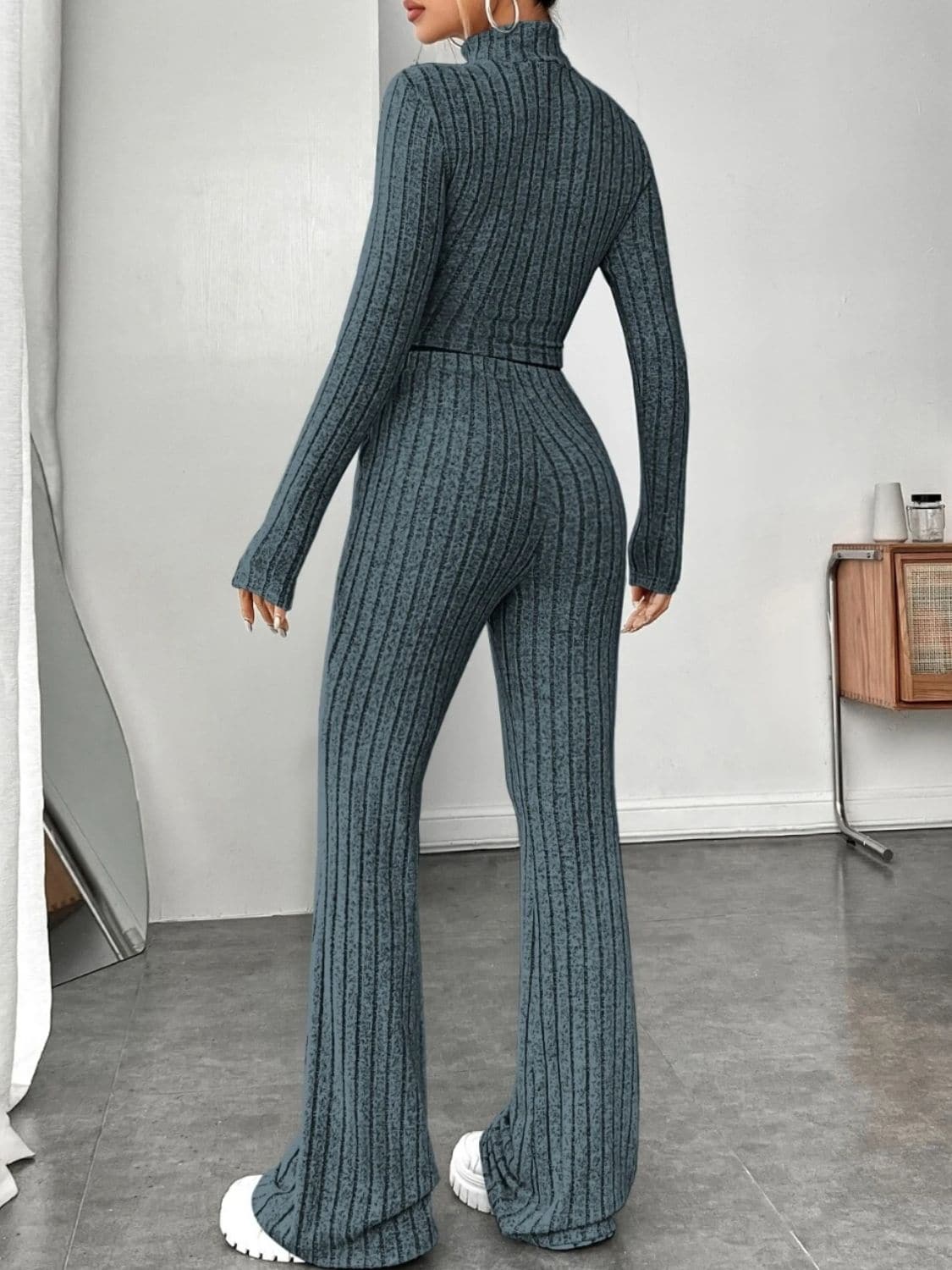 Ribbed Mock Neck Long Sleeve Top and Pants Set.