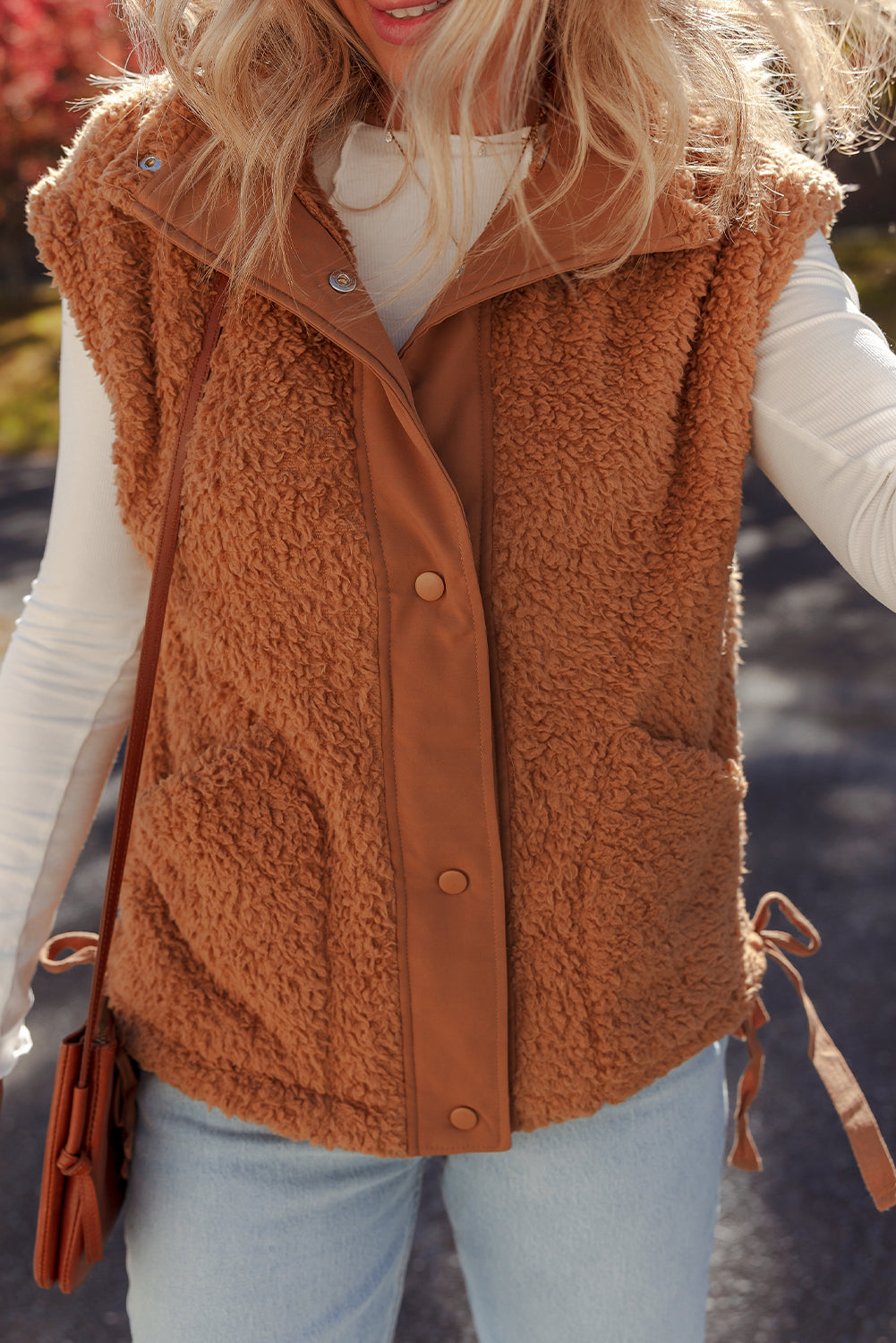 Premium Cinnamon Faux Fur Vest Snap Button Front Knot Side Pockets