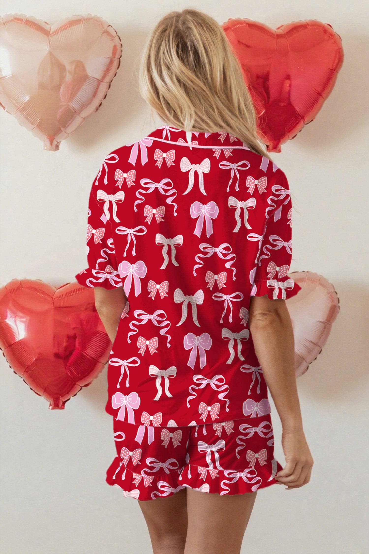 Red Sweet Bow Print Ruffled Short Sleeve Shirt Shorts Two Piece Pajama Set Dear-Lover Dropshipping