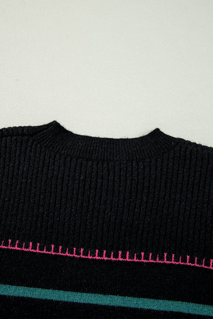 Striped ribbed sweater with colorful accents in black