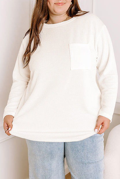 Chic white ribbed long sleeve plus size t-shirt with pocket detail