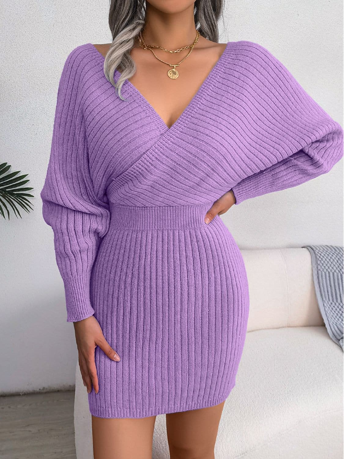 Rib-Knit Dolman Sleeve Sweater Dress.