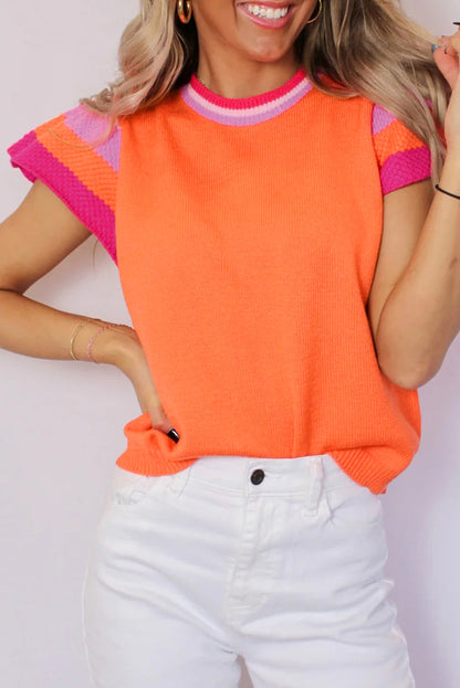 Carrot color block knitted sweater with flutter sleeves