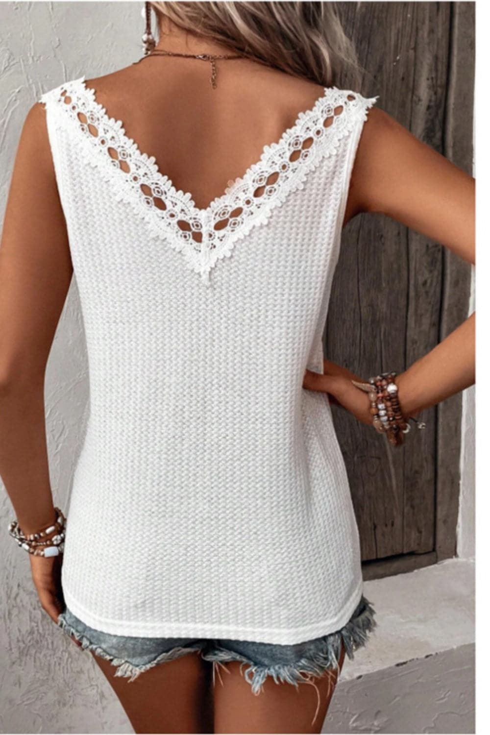 Lace Detail Textured V-Neck Tank.