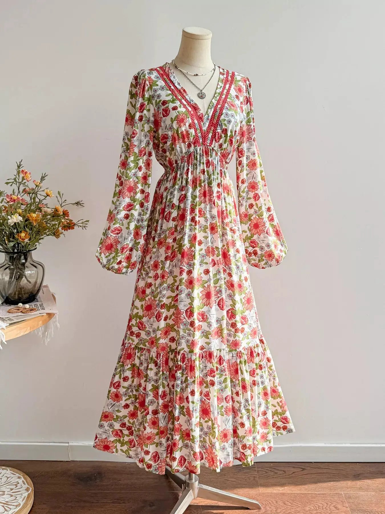 Floral Print V-Neck Bohemian Midi Dress Simply Love