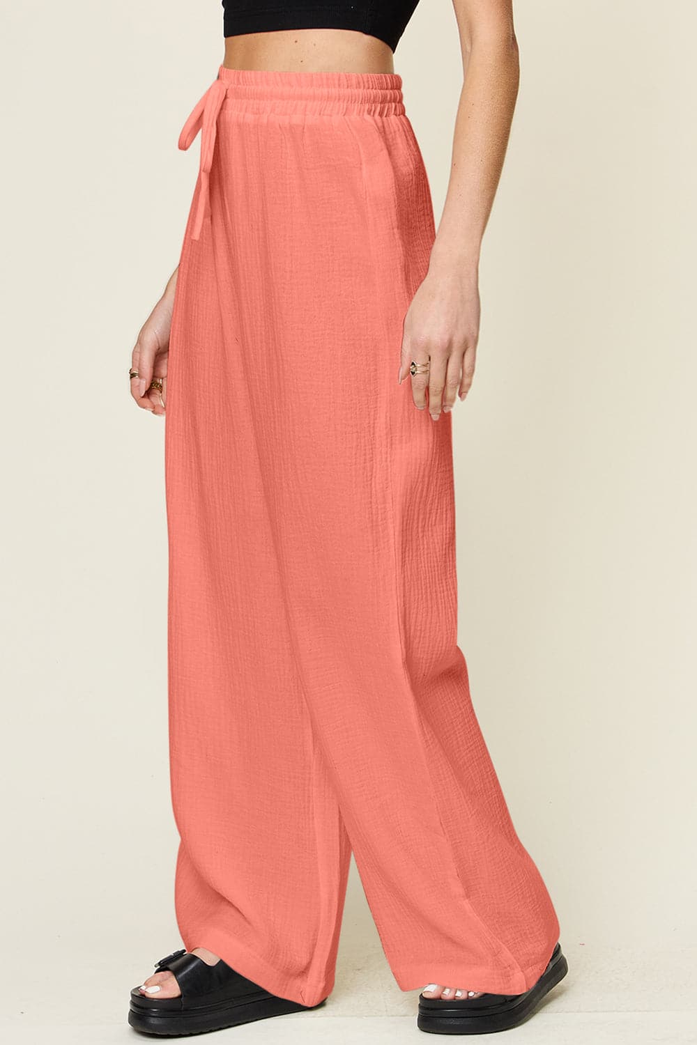 Double Take Full Size Texture Drawstring Wide Leg Pants.