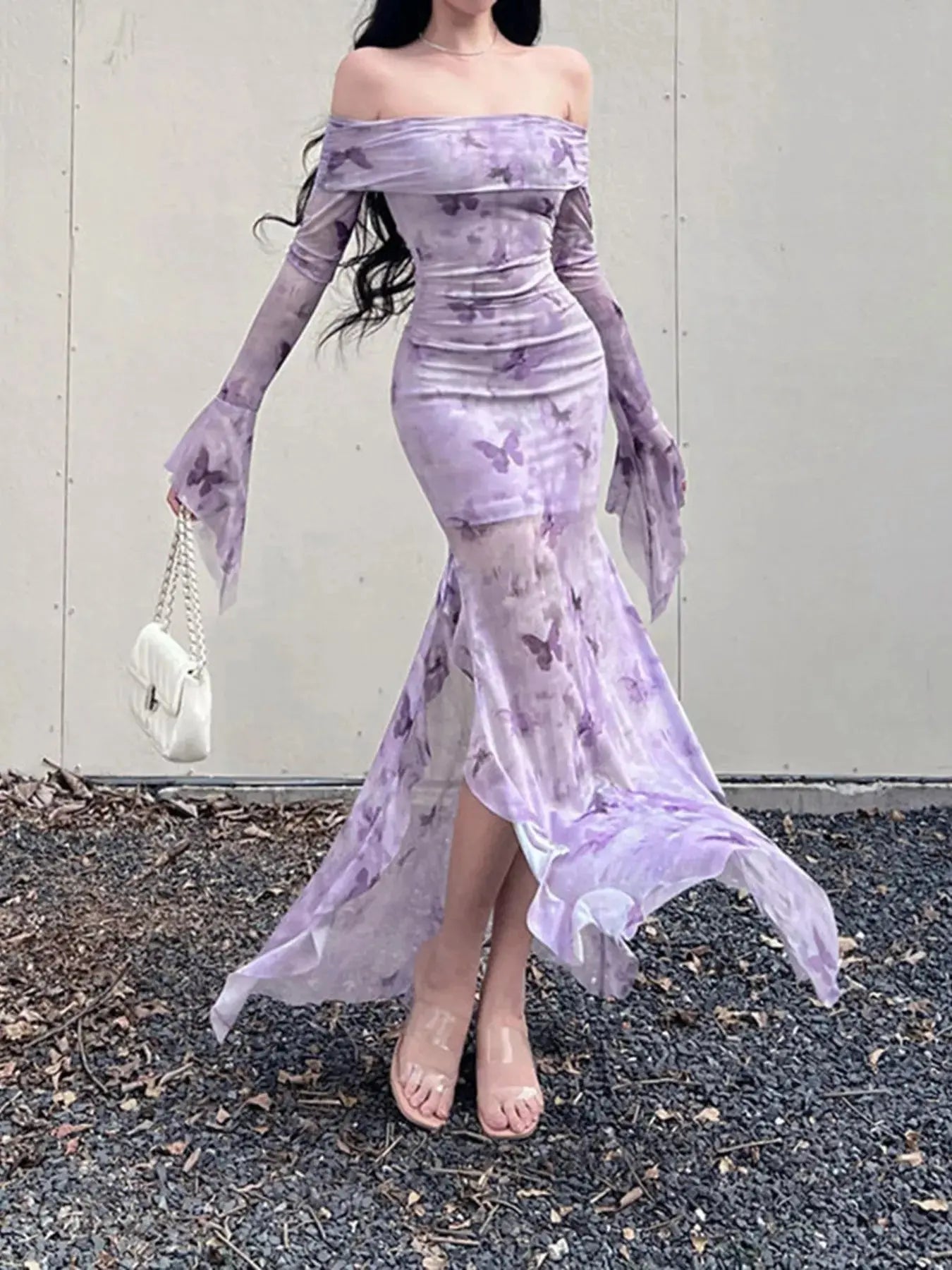 Butterfly Print Off-Shoulder Mesh Mermaid Dress Simply Love