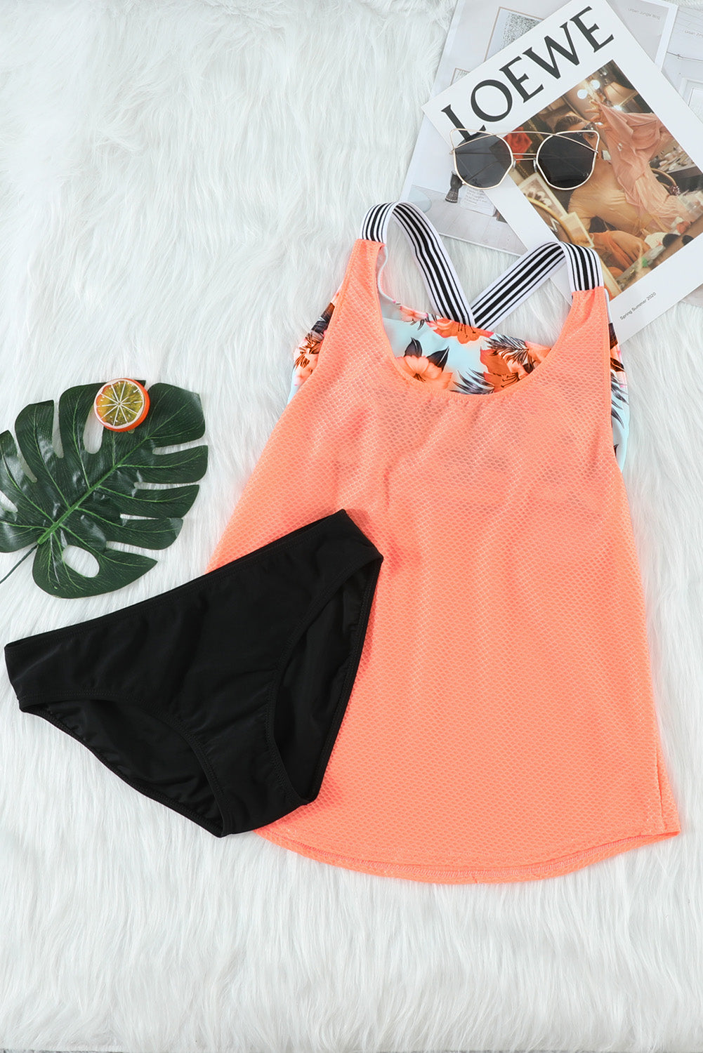 Floral Spliced Racerback Tankini with Orange Print