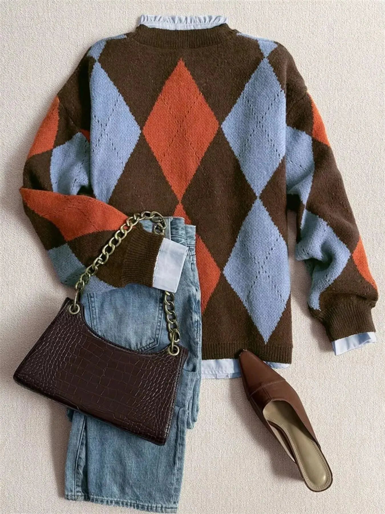 Vintage Argyle Round Neck Sweater Simply Love