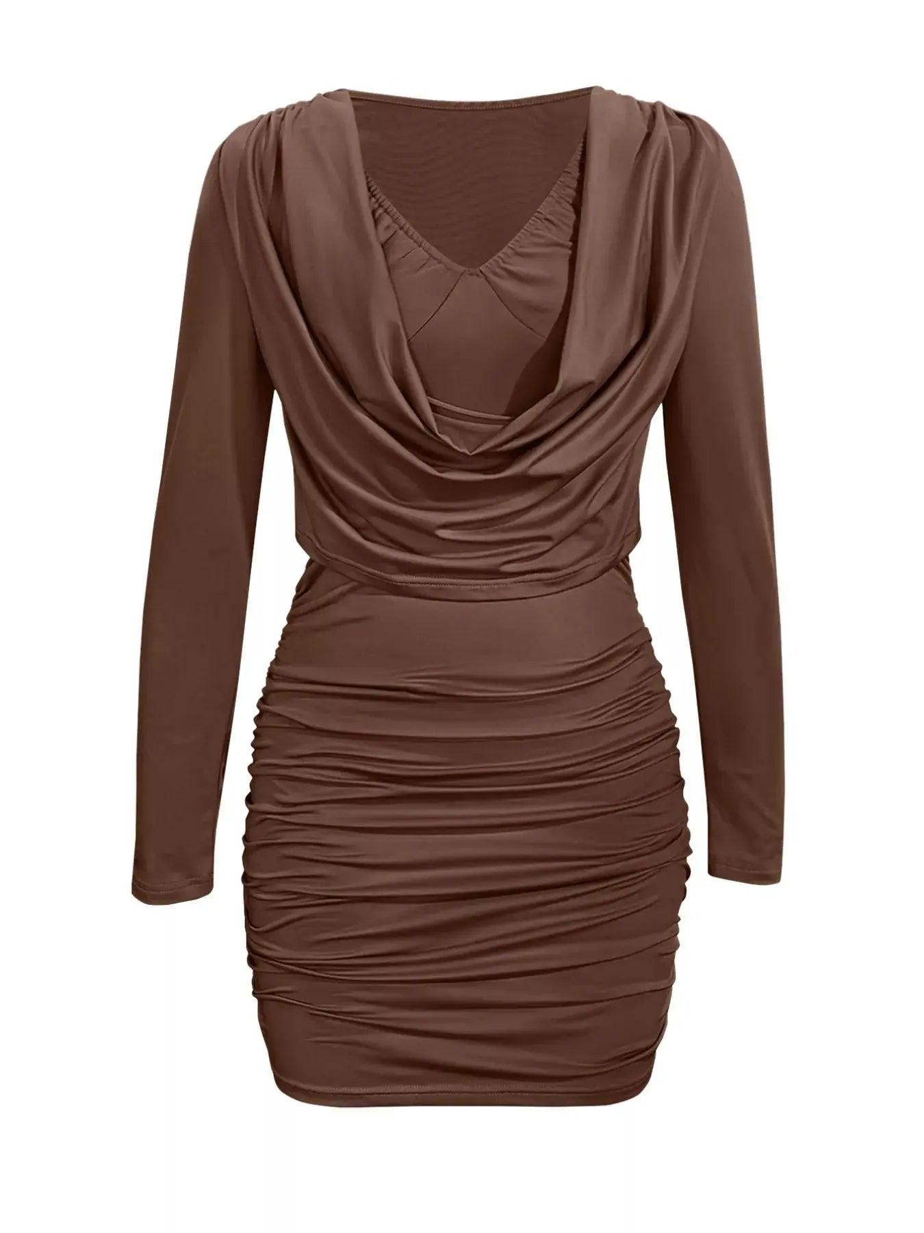 Draped V Neck Long Sleeve Bodycon Mini Dress Brown Simply Love