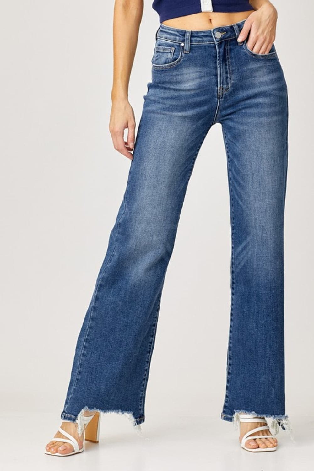 Risen Full Size High Rise Frayed Hem Wide Leg Jeans.