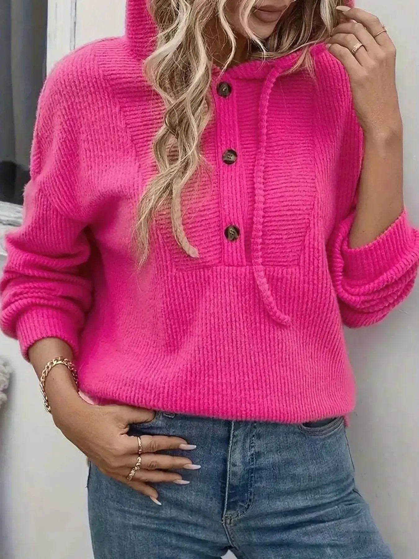 Button-Front Drawstring Hoodie Simply Love