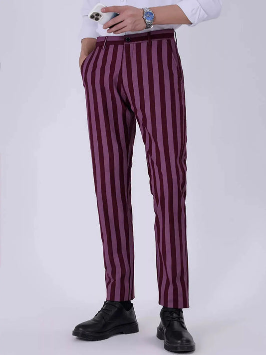 Men's Purple Burgundy Striped Slim Fit Pants For Everyday Wear Simply Love
