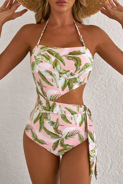 Vibrant Pink Asymmetric Cutout Halter Backless Swimsuit