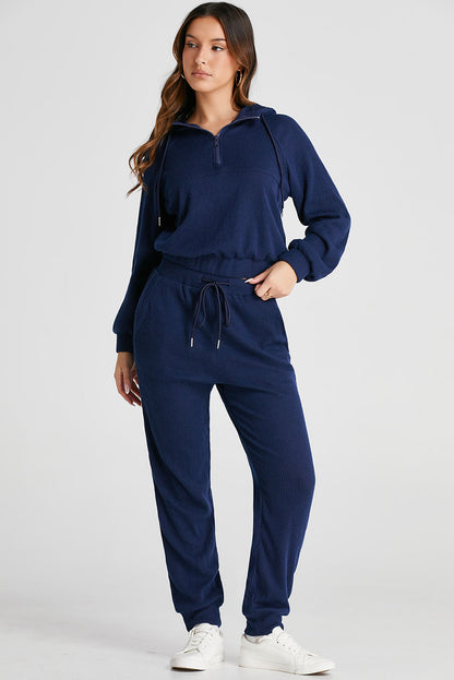 Chic navy blue ribbed knit cropped hoodie and jogger set