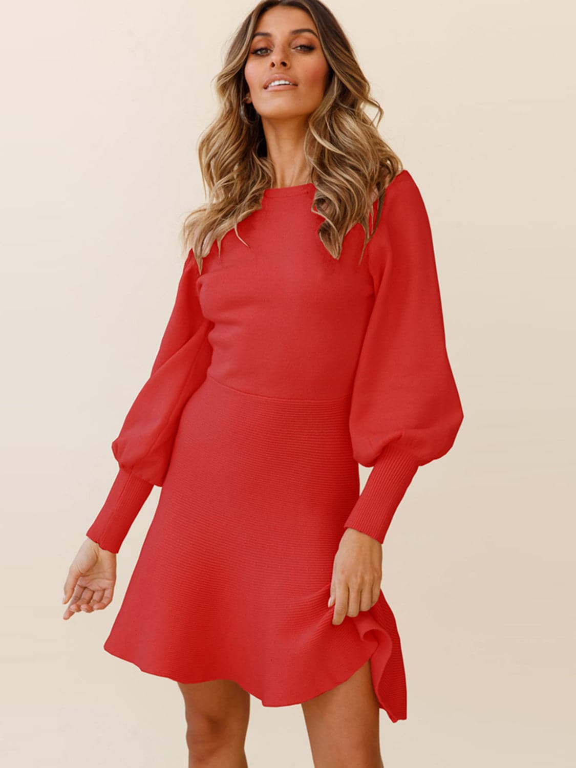 Round Neck Lantern Sleeve Sweater Dress.