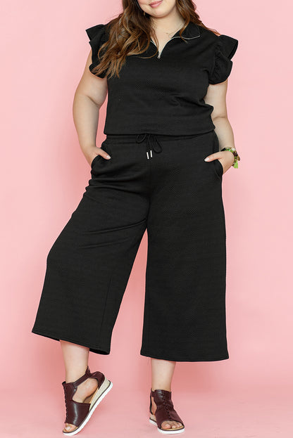 Chic black plus size ruffled sleeve quarter zip top and wide-leg pants set