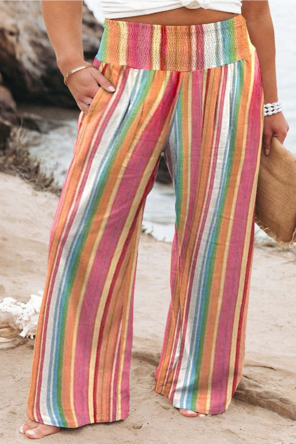 Boho chic plus-size striped pants