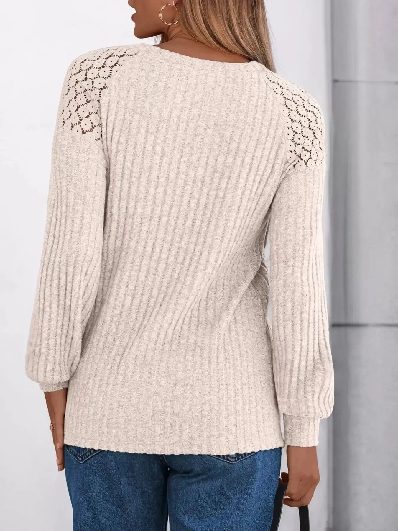 Ribbed Knit T-Shirt with Lace Shoulder Detail Simply Love