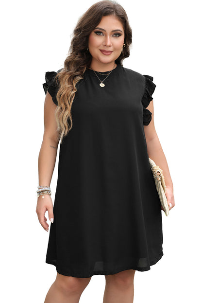 Chic black ruffled plus shift dress with keyhole back