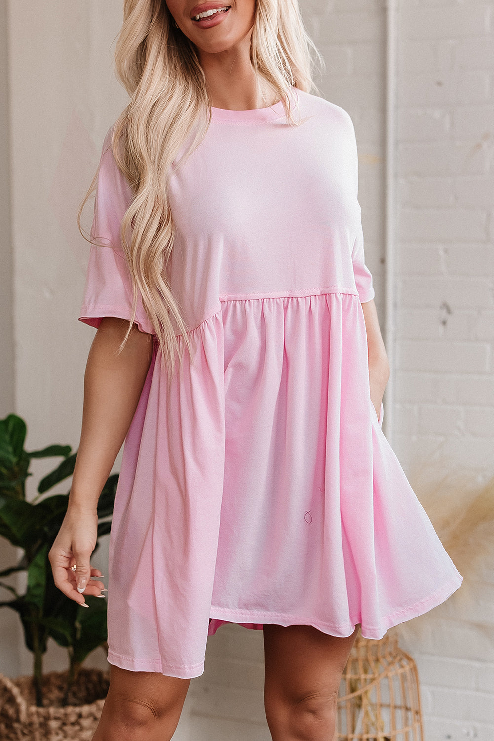 Light Pink Solid Color Pocketed Raw Edge Babydoll Dress