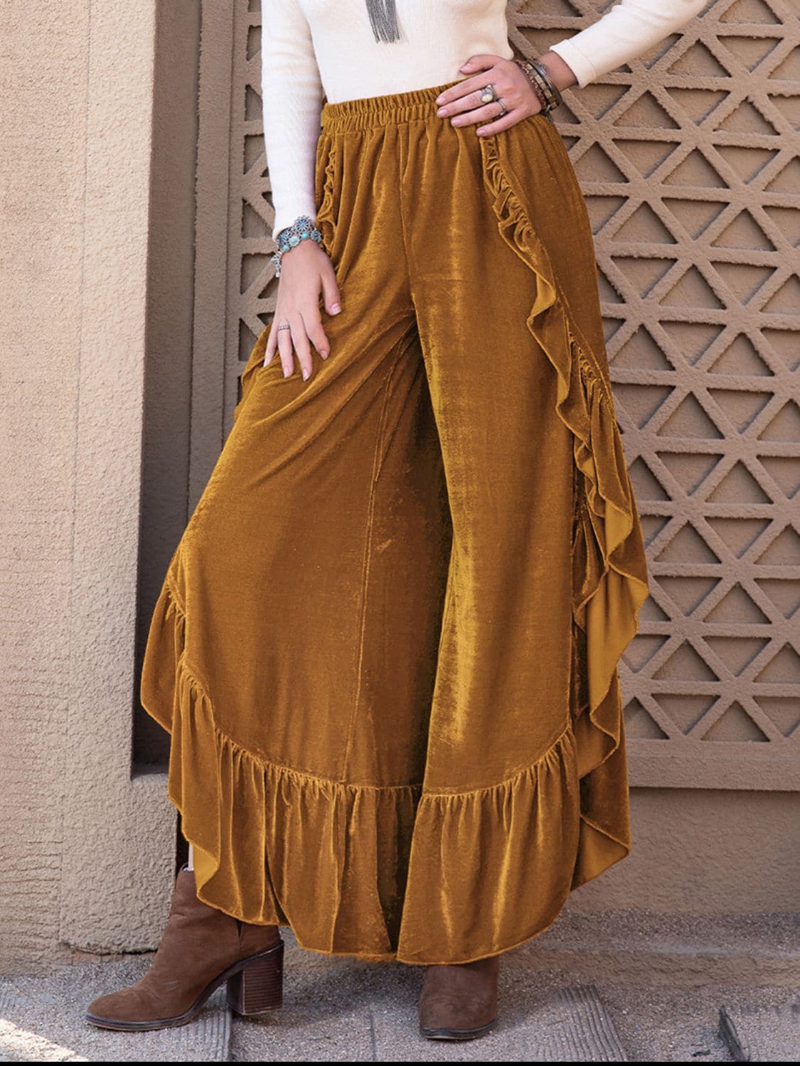 Slit Ruffled Wide Leg Pants.