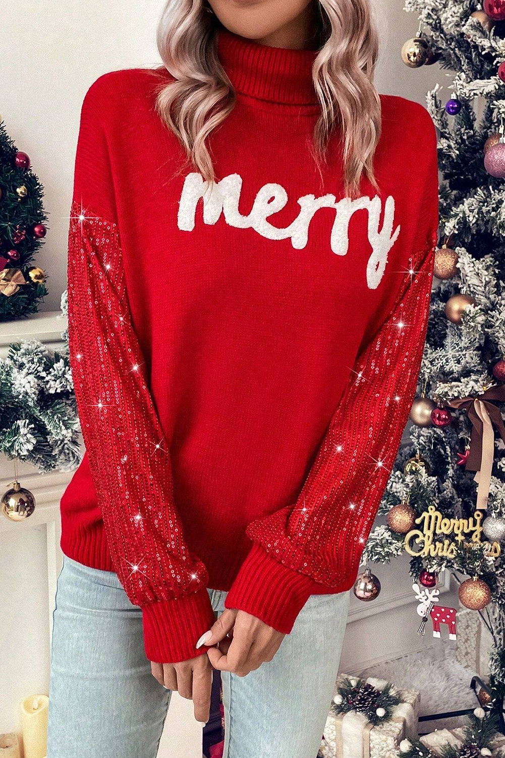 Festive Racing Red Sequin Sleeve Turtleneck Christmas Sweater