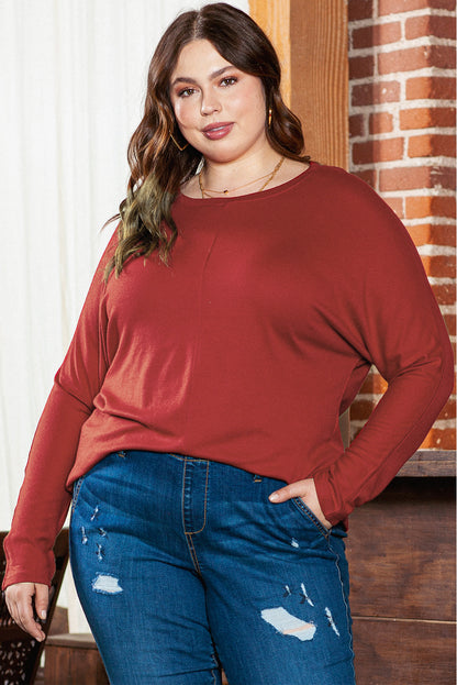 Sophisticated red dahlia long sleeve top with piping detail for plus sizes