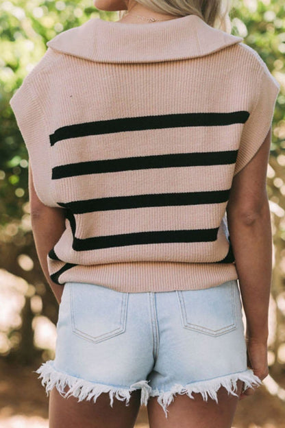 Striped Half Zip Cap Sleeve Knit Top.