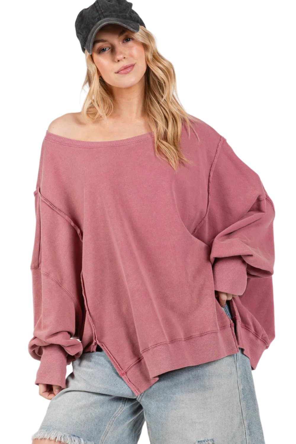 SAGE + FIG Mineral Wash Side Slit Oversized Sweatshirt.