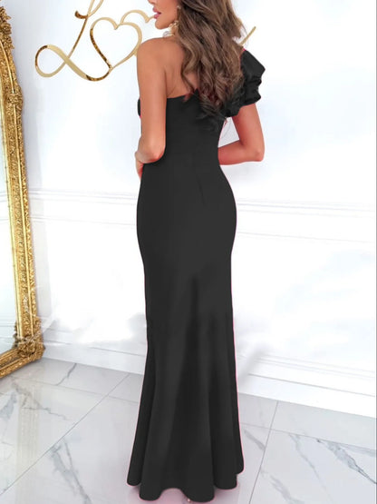 Slay All Night One-Shoulder Cutout Ruffle Maxi Dress