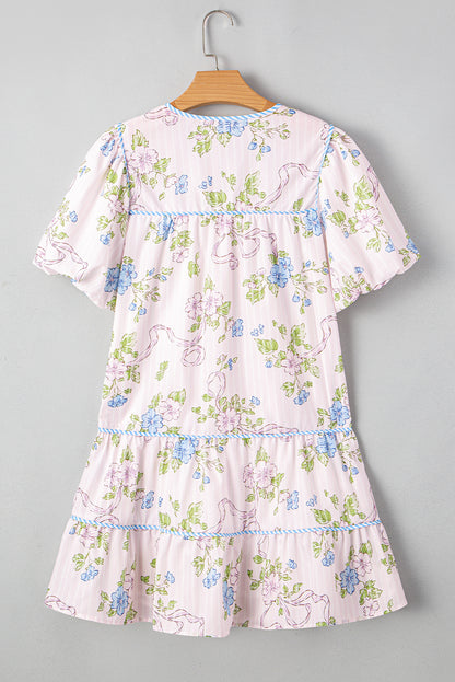Pink Floral Striped Print Contrast Trim Tie Split Neck Mini Dress