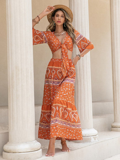 Printed Plunge Half Sleeve Top and Skirt Set.