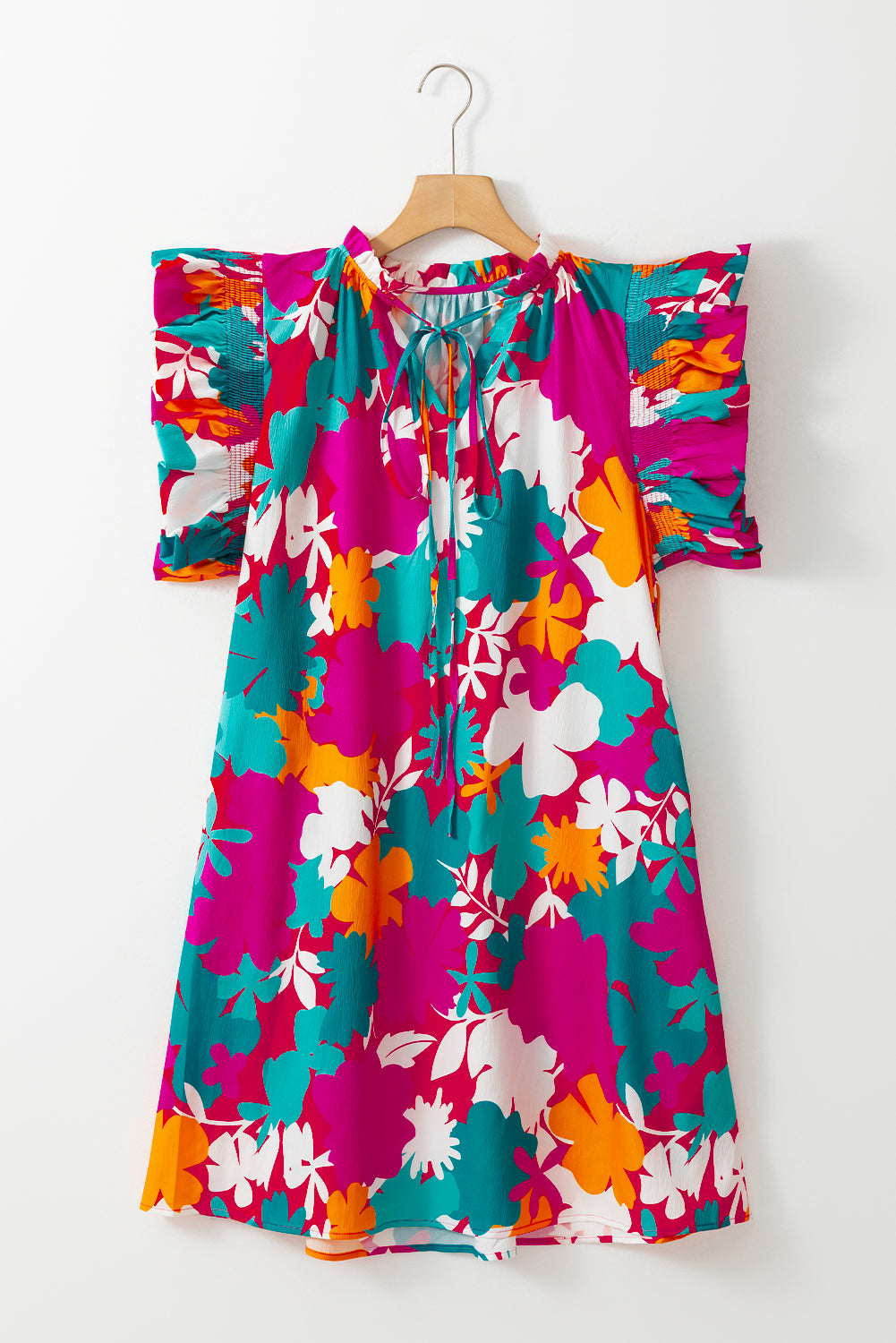 Vibrant floral tie neck mini dress with flutter sleeves