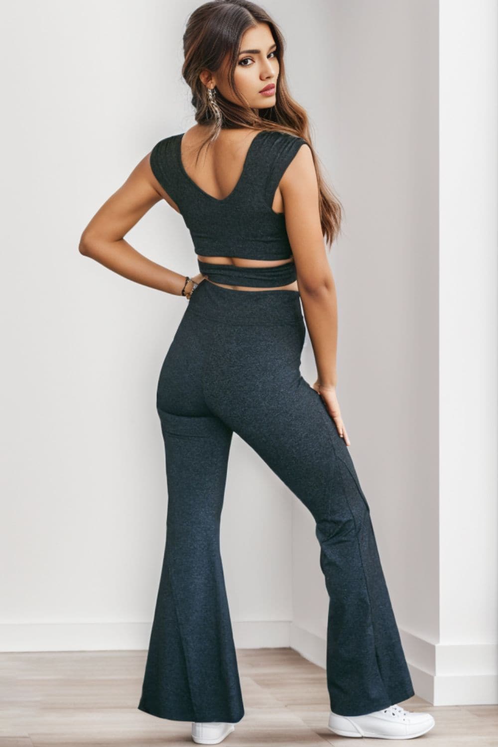 Ruched Cutout Tank and Slit Pants Set.