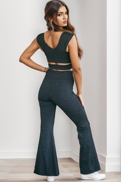 Ruched Cutout Tank and Slit Pants Set.