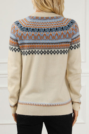 Geometric Round Neck Long Sleeve Sweater.