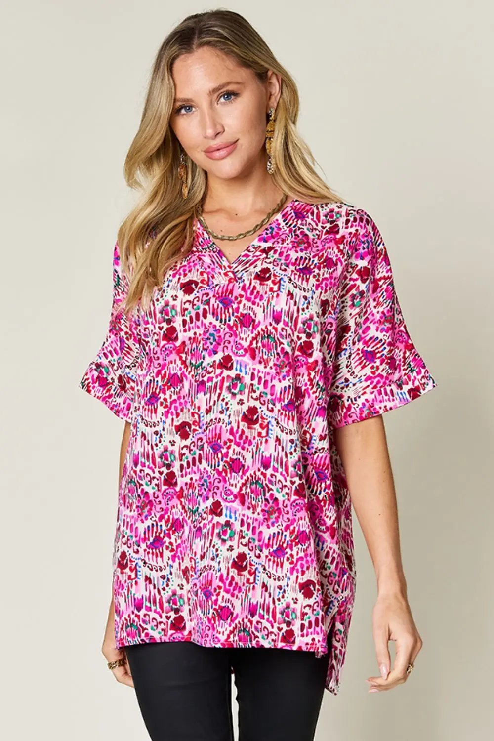 Double Take Full Size Printed V-Neck Short Sleeve Blouse - Love Salve